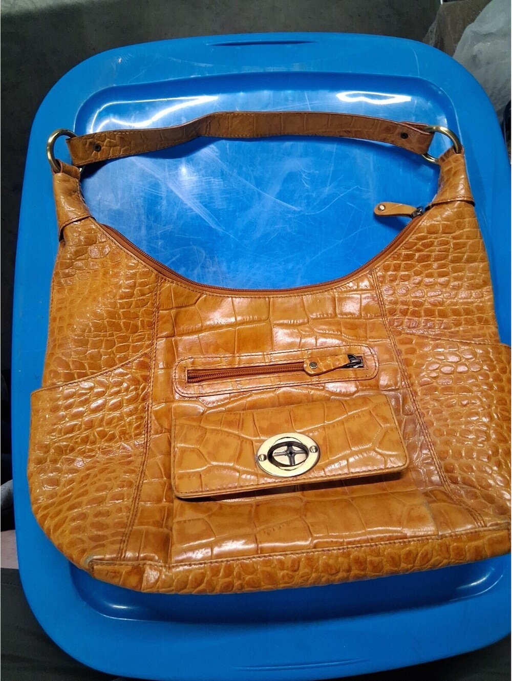 Michael Rome Designs Italian Leather Croc Embossed Tote Bag - Orange/Cognac